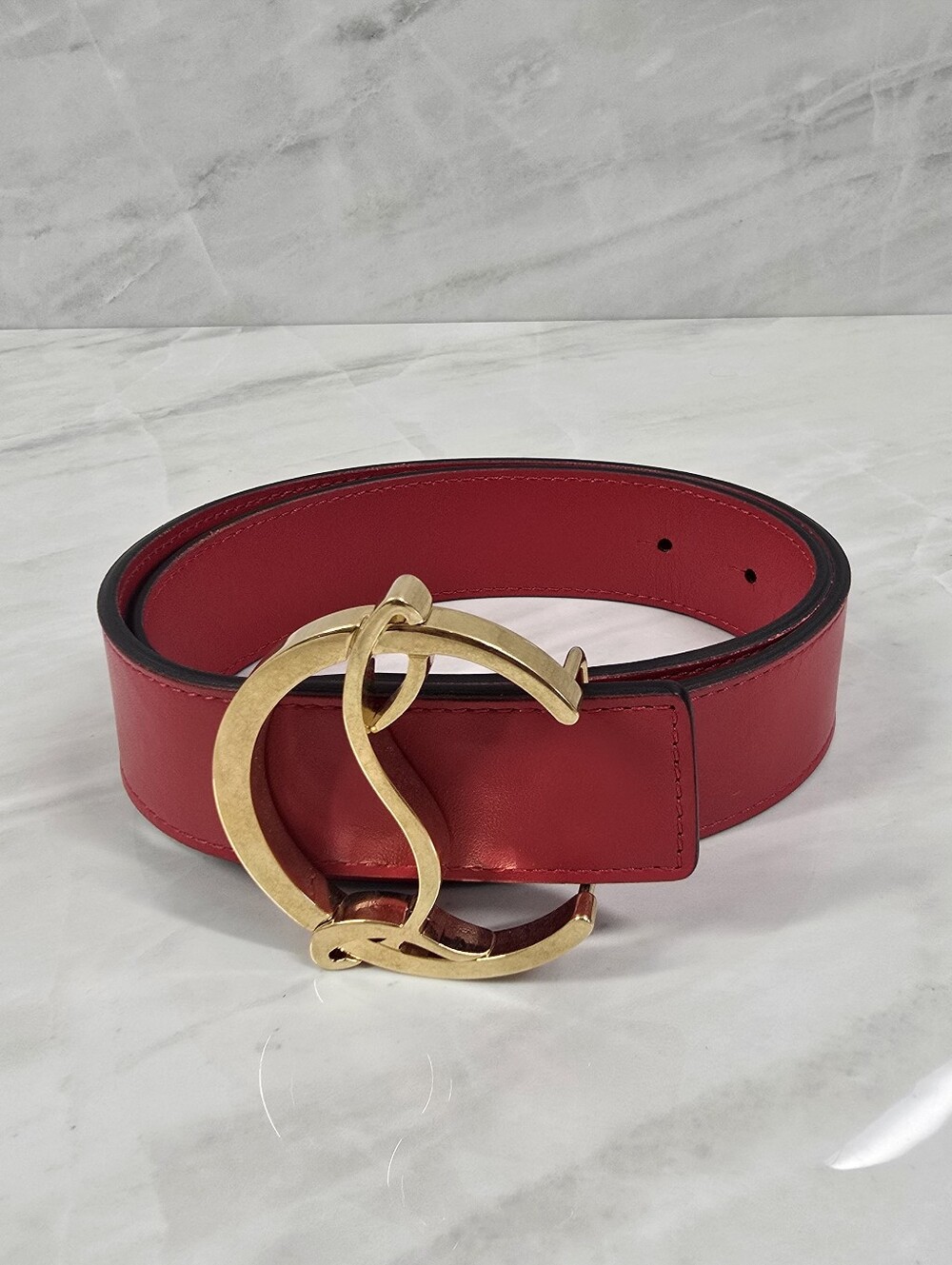 Christian Louboutin Red Leather Belt with Gold Signature Buckle - NWOT